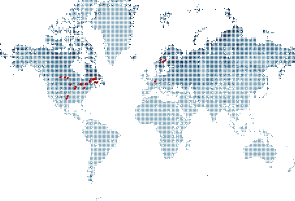 Pixelated map of clients around the world